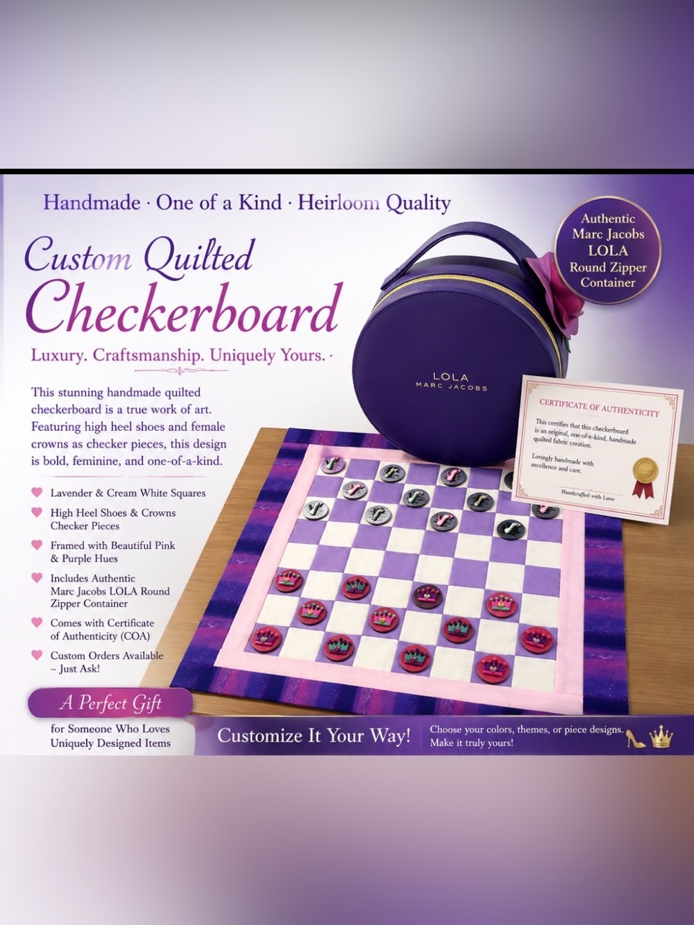 Handmade Lavender & Purple Quilted Checkerboard set with a Special Container. - Picture 8 of 9